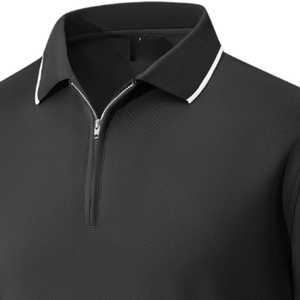 Polo de manga corta para hombre, negro, con cremallera de un cuarto, cuello con ribete, dobladillo con abertura, transpirable, para negocios, golf y uso casual - Product Image 2