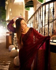 Designer Party Wear Sequence Work <b>Maroon</b> Colour Georgette <b>Saree</b> Paired With Georgette Unstitched Blouse - Product Image 2