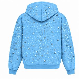 Sudadera con capucha azul cielo perlado con cremallera, chaqueta de streetwear con cristales brillantes, sudadera con capucha de manga larga con bolsillo frontal - Product Image 2