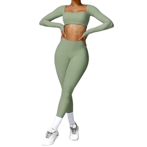 2PCS Women's Gym Sportswear Workout Athletic Legging & Fitness Bra Crop Top Solid Pattern Long Sleeve Sports Suits & Tracksuit - Product Image 1