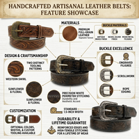 Ceinture en cuir tressé floral vintage faite à la main, style western cowboy, motif tournesol en relief, en cuir de vachette véritable avec boucle gravée pour homme