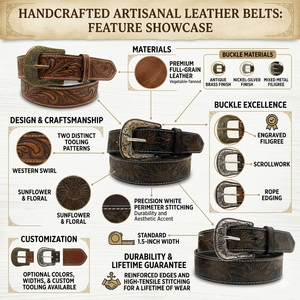 Cinturón de Cuero Trenzado Floral Hecho a Mano Estilo Vintage, con Diseño de Girasol en Relieve, Cuero Vacuno Genuino con Hebilla Grabada para Hombre - Product Image 2