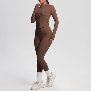 "Wholesale Women's Yoga Set Quick Dry Long Sleeve Zipper Top and <b>Leggings</b> <b>with</b> <b>Pockets</b> Gym Fitness Activewear OEM ODM" - Product Image 6