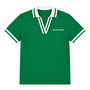 เสื้อโปโล Iota Phi Lambda Sorority สำหรับผู้หญิง สีเขียวขาวลายทาง คอวี ผ้าปิเก้ถัก แขนสั้น ปักลายตราสัญลักษณ์ เสื้อยืดคอปก - Product Image 5