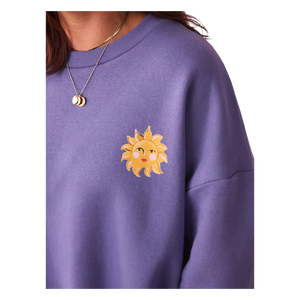 Sweat-shirt tricoté surdimensionné à col en V 100 % coton respirant et doublé pour femme, motif soleil brodé uni, manches régulières - Product Image 4