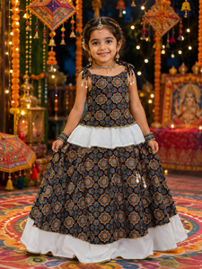 Festive Printed Cotton Girls Lehenga Choli Outfit With Rayon Border Soft Cotton Lining Traditional Kids Celebration Apparel - Product Image 4