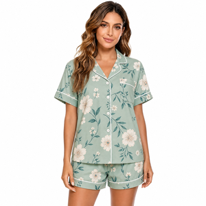 Women's Green Satin Floral Pajama <b>Set</b> Short Sleeve Button Front Elegant Sleepwear Summer Shorts Style - Product Image 5
