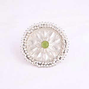 Green Cats'eye & Pearl Gemstone Floral Design Boho <b>Silver</b> Plated <b>Adjustable</b> Big <b>Ring</b> - Product Image 1