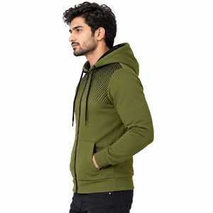 Sweat-shirt à capuche zippé pour homme, 100% polyester, coupe-vent, vert uni, avec panneau contrastant et poche, pour un usage décontracté - Product Image 5