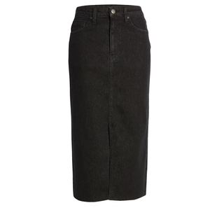 Jupe crayon midi en jean noir uni à fente centrale, taille haute, coupe droite ajustée, en coton extensible, pour le bureau, qualité supérieure - Product Image 4