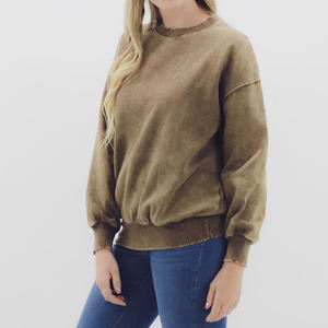 Sudadera de cuello redondo para mujer, lavado ácido, color liso, tejido de punto, manga larga, informal, para otoño, algodón transpirable, diseño de manga completa - Product Image 4