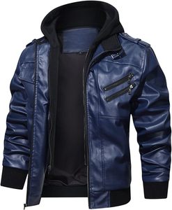 <b>Men</b> Blue PU <b>Leather</b> Moto Biker <b>Jacket</b> Hooded Zipper Front Solid Color Slim Fit Regular Sleeve Autumn Wear - Product Image 2