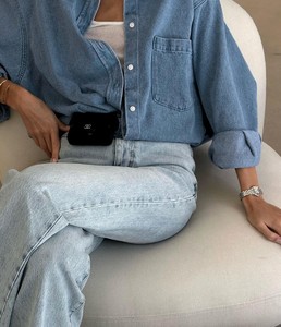 Women's <b>Denim</b> Button Down Shirt Long Sleeve Loose Fit Solid Color Casual Blouse Twill Fabric Full Sleeve Woven <b>Material</b> - Product Image 3