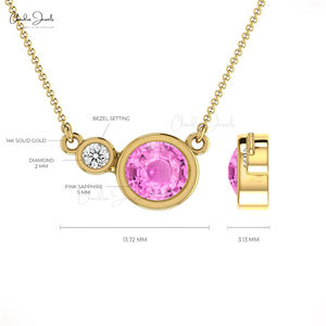 สร้อยคอทองคำแท้ 14k ดีไซน์เรียบหรู ประดับเพชรทรงกลมขนาด 2 มม. พร้อมพลอยไพลินสีชมพูทรงกลมแบบฝังขอบ ขายส่ง - Product Image 3