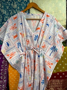 Handmade Cotton Floral Kimono Robe Oversized <b>Kaftan</b> V-neck Ankle-Length Casual Dress Feather Trim Sustainable Natural Waist All - Product Image 5