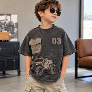 T-shirt graphique surdimensionné pour garçons, streetwear décontracté pour enfants, haut en coton à manches courtes et col rond, imprimé dinosaure, jeep, montagne, aventure - Product Image 1
