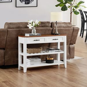 Retro Design Pine Solid Wood Console <b>Table</b> with Open Shelves and Legs for Living Room <b>Decor</b> - Product Image 3