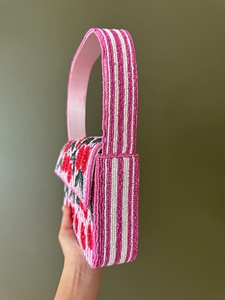 Handmade Embroidered Rectangular Handbag With <b>Cherry</b> Pattern Pink Striped Cotton Textile Craft - Product Image 2
