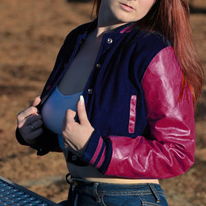Veste courte universitaire pour femme, bleu roi et bordeaux, style Letterman, manteau bomber avec manches en similicuir, vêtement d'extérieur décontracté, mode féminine - Product Image 3