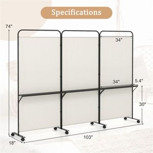Divisorio Pieghevole Personalizzabile a 3 Pannelli in Bambù e Tela con Ruote Bloccabili e 3 Ripiani Metallici, Schermo Divisorio Bianco per Stanze - Product Image 3
