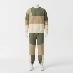 Ensemble sweat-shirt et pantalon de survêtement pour homme, col rond, couleurs contrastées, vert beige, streetwear décontracté, vêtements assortis, logo personnalisé - Product Image 3