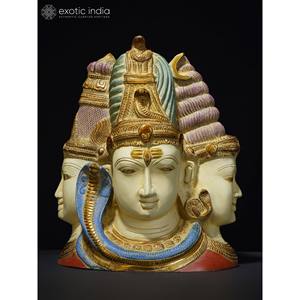 Sculpture de buste Tri-Dev colorée de 11.5 pouces en laiton avec Devi sur le dos pour la maison, les cadeaux et le temple fabriqués en Inde - Product Image 1