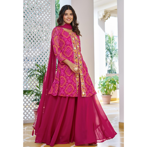 Ensemble de vêtements traditionnels pour filles en coton rose ethnique avec kurta, palazzo et dupatta en mousseline, collection pour les fêtes - Product Image 1