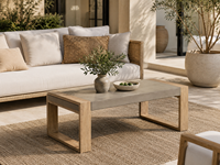 Table basse en béton fibreux Gehry moderne VIETCRAFT, pieds en bois d'acacia massif, durable, écologique, garantie 24 mois, intérieur/extérieur