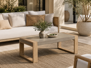 Modern Gehry Fiber Concrete <b>Coffee</b> <b>Table</b> with Solid Acacia Wood Legs Lightweight Indoor Outdoor Living Room Center <b>Table</b> - Product Image 1