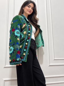 <b>Women</b> Floral Embroidered Mandarin Collar Kimono Style <b>Robe</b> Long Sleeve Full Length Cotton Knitted Autumn Fashion Soft <b>Black</b> - Product Image 2