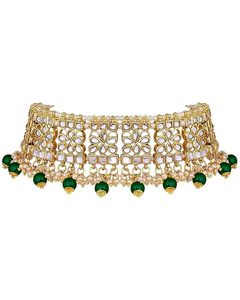 Conjunto de joyería Kundan chapado en oro con cuentas verdes y cristales blancos, diseño floral, collar y aretes étnicos para boda, para mujeres. - Product Image 2