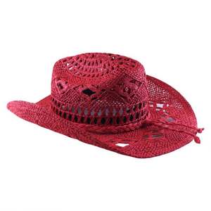 Chapeau de soleil en paille ajouré pour femme et fille, style vacances, avec ceinture tressée, modèle cowboy rouge tendance - Product Image 3