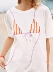 Women's White Crew Neck T-Shirt With Yellow <b>Polka</b> <b>Dot</b> <b>Bikini</b> Applique Casual Short Sleeve Loose Fit Spring Summer Top - Product Image 5