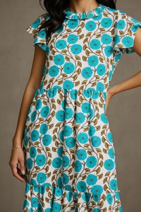 Elegante Vestido Maxi Floral con Estampado de Flores, Algodón Sostenible, Corte en A con Volantes, Artesanal, Color Verde Salvia Turquesa, Estilo Étnico, Cintura Natural - Product Image 2