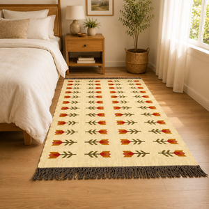 Tapis rectangulaire artisanal en laine tufté à la main, motif géométrique Kilim, écologique, pour salon, à poils moyens, nettoyage localisé, par Krafterscustom - Product Image 1
