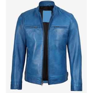 2026 OEM Hot Trending Original Sky Blue Cowhide <b>Leather</b> <b>Jacket</b> For Men's Zip Pockets High Quality Low MOQ <b>Winter</b> Fashion <b>Jackets</b> - Product Image 4