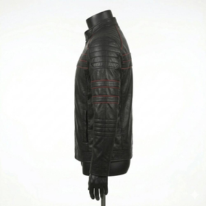 เสื้อแจ็คเก็ตหนัง PU สีดำสำหรับผู้ชาย แต่งตะเข็บสีแดง ซิปปิด คอปกพับได้ ทรงเข้ารูป กันลม สไตล์ไบค์เกอร์ สำหรับฤดูใบไม้ร่วง - Product Image 3