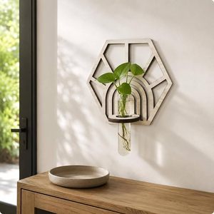Vase mural en bois fait main, cadeau de mariage, avec design géométrique ajouré, pour l'entrée de la maison, le salon - Product Image 1