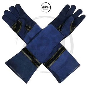 Gants de soudage extra longs en cuir de vachette bleu, résistants à la chaleur, avec manchette longue jusqu'aux épaules et paume renforcée pour une protection optimale des mains. - Product Image 3