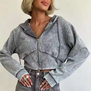 Sudadera con capucha vintage de forro polar grueso para mujer, talla grande, OEM personalizado, casual, lavado ácido, de secado rápido, corta, transpirable, estilo urbano, frontal - Product Image 5