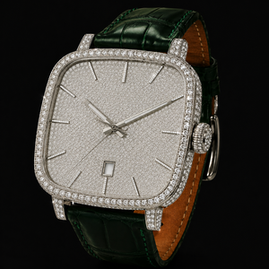 Reloj de Hombre con Esfera Plateada y Cristales, Correa de Cuero Verde, Esfera con Piedras Brillantes, Reloj de Lujo a la Moda - Product Image 3