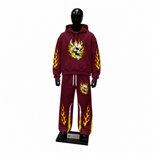 Men's Maroon Flame Skull Tracksuit Hooded Full Sleeve Streetwear Set with Side Pockets and Drawstring Closure Relaxed Fit <b>Sale</b> - Product Image 1