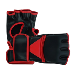 Mma Gloves Half Finger Velcro Closure Black With Red Trim For Martial Arts Training Adults Unisex - Product Image 1