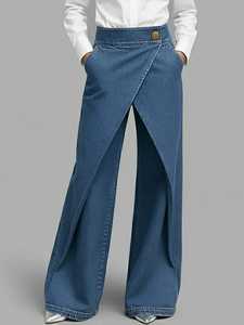 Jean asymétrique taille mi-haute à jambe large en denim bleu uni, longueur intégrale, style streetwear pour femme, écologique, collection printemps - Product Image 5