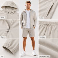 Ensemble de survêtement léger pour homme en Spandex/Nylon anti-boulochage, couleur unie, avec fermeture éclair sur le devant, décontracté, pour l'automne, respirant, avec short intégré