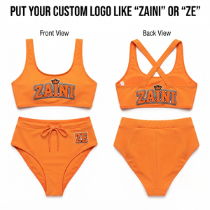 Women Bathing Suit 220 GSM Nylon Spandex <b>Orange</b> Two Piece Swimwear Custom Embroidery Logo Cross Back High Waist <b>Set</b> - Product Image 1