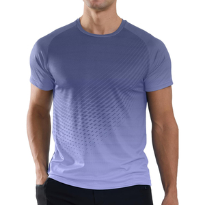 T-shirt pour homme à manches courtes, col rond, motif géométrique dégradé, tricoté, coupe ajustée, séchage rapide, style sportif, bleu et blanc, T-shirt de sport - Product Image 4
