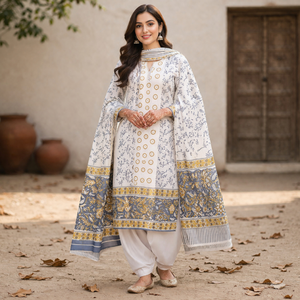 Traje Punjabi Floral Blanco Gris Premium |   Conjunto de Pijama Kurti de Algodón Hecho a Mano con Borde |   Conjunto de Vestido Sarong Indio Profesional - Product Image 3