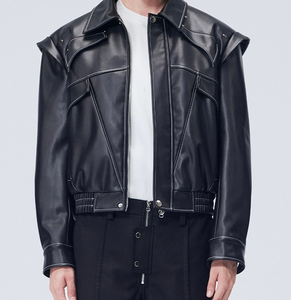Veste en cuir PU noir pour homme, col rabattu, fermeture éclair, couleur unie, longueur normale, style streetwear - Product Image 1