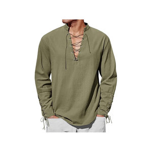 เสื้อเชิ้ตผ้าฝ้ายลินินแขนยาวสำหรับผู้ชายพร้อมเชือกผูกด้านหน้าและข้อมือ ทรงหลวม สวมใส่สบาย สีพื้น คอกลม - Product Image 1